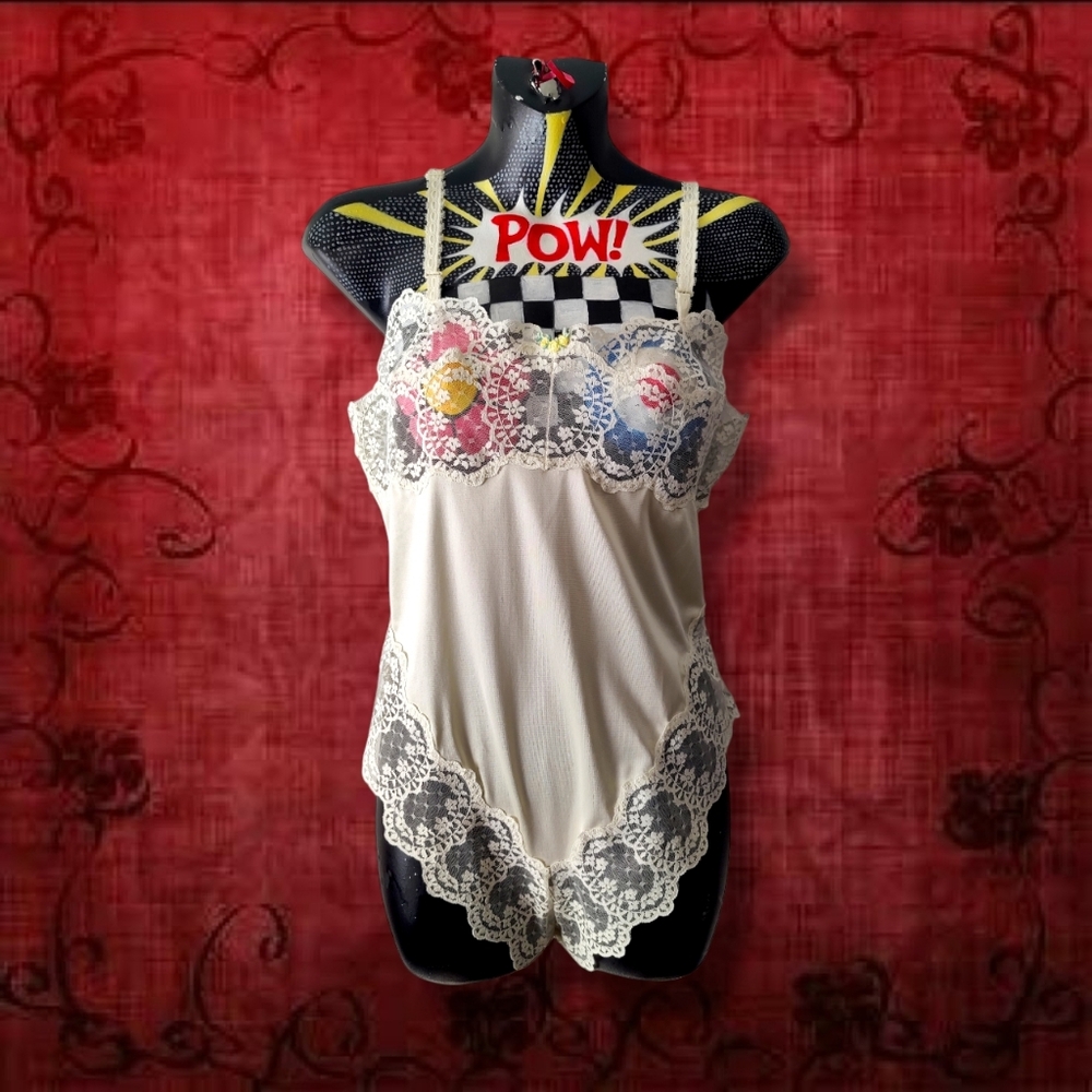 Vintage Boudoir Coquette Romantic Cream Lacey Satin Teddy Bodysuit Lingerie